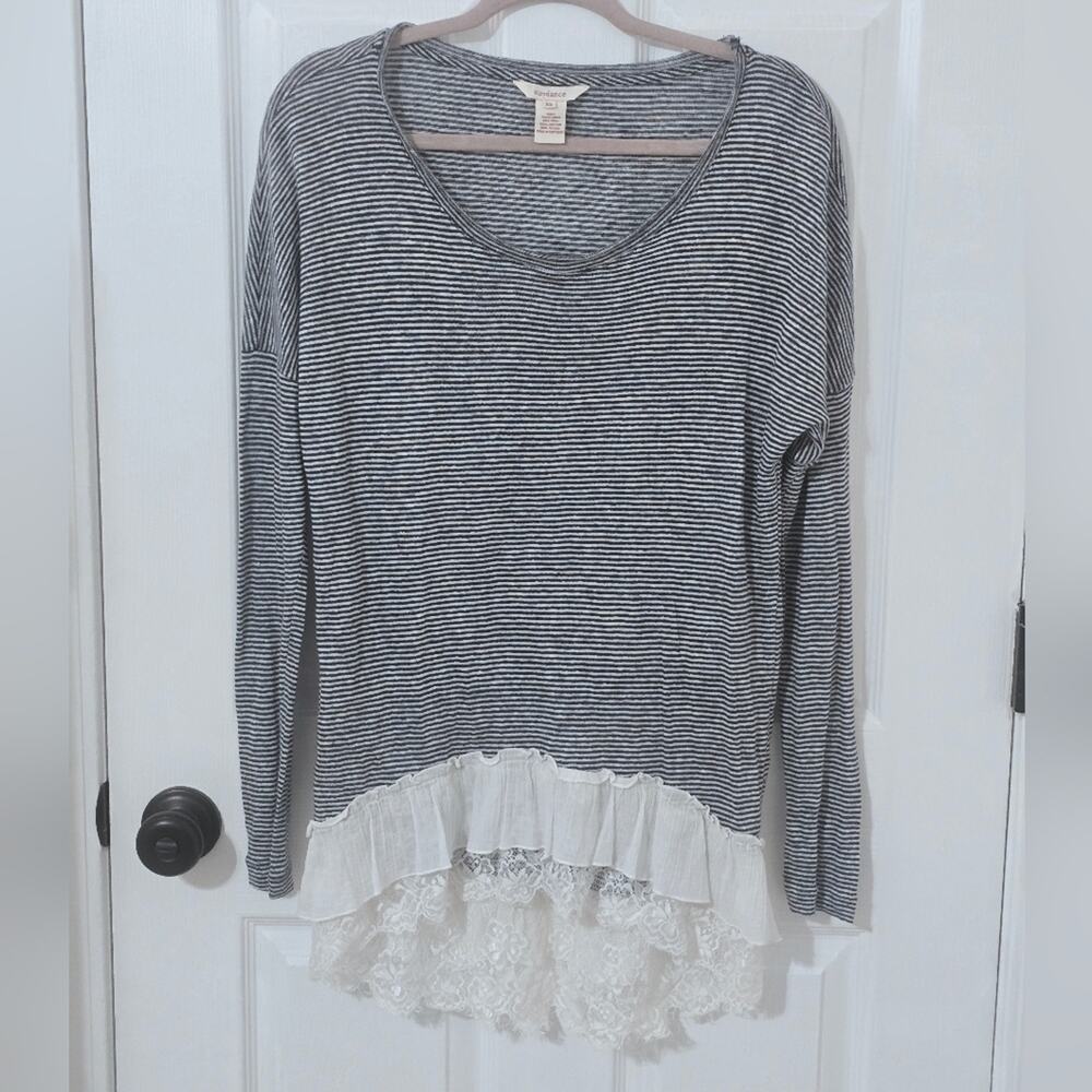 Sundance Linen Cotton Striped Tunic XS Blue White Lace Ruffle High Low